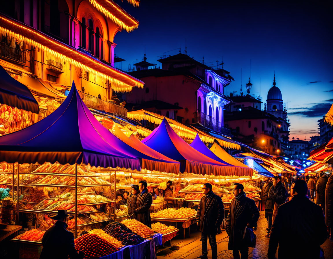 Colorful illuminated night market with bustling stalls and people under twilight sky