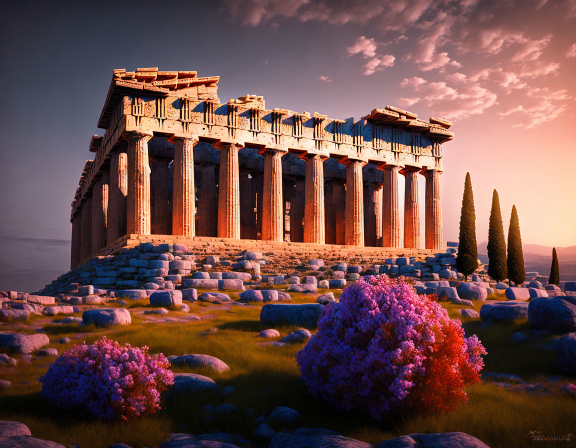 Ancient temple surrounded by purple flowers under pink sunset sky