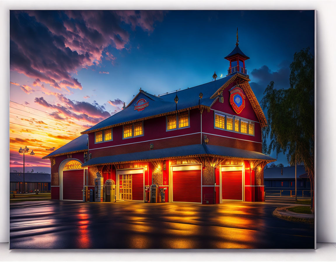 Red-walled fire station with multiple garage doors under dramatic sunset sky