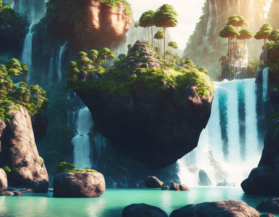 Serene floating island with lush greenery and waterfalls