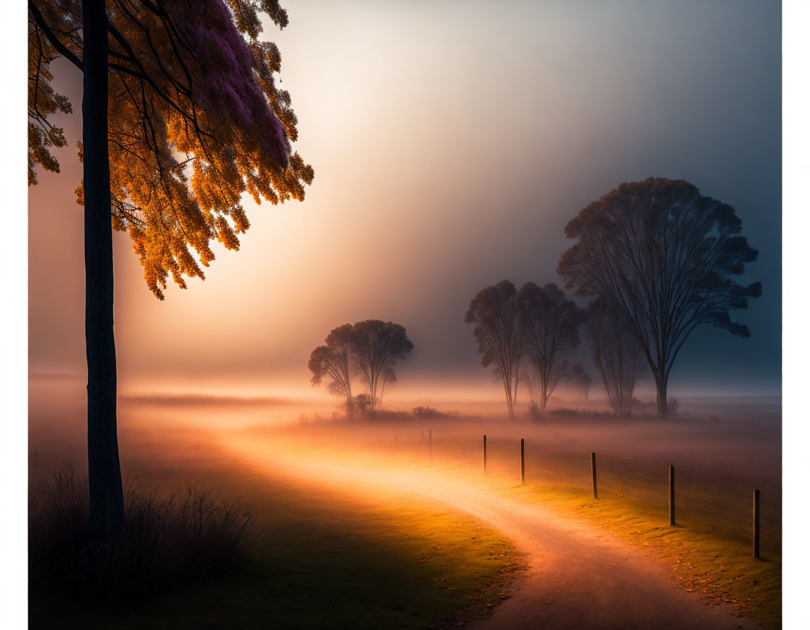 Misty sunrise landscape with winding dirt road and trees