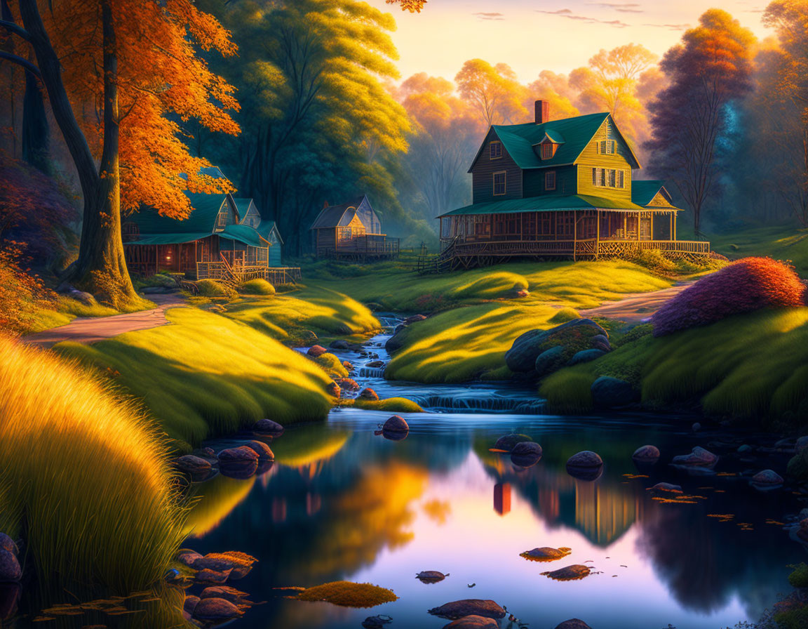 Tranquil autumn stream near cozy houses and colorful trees