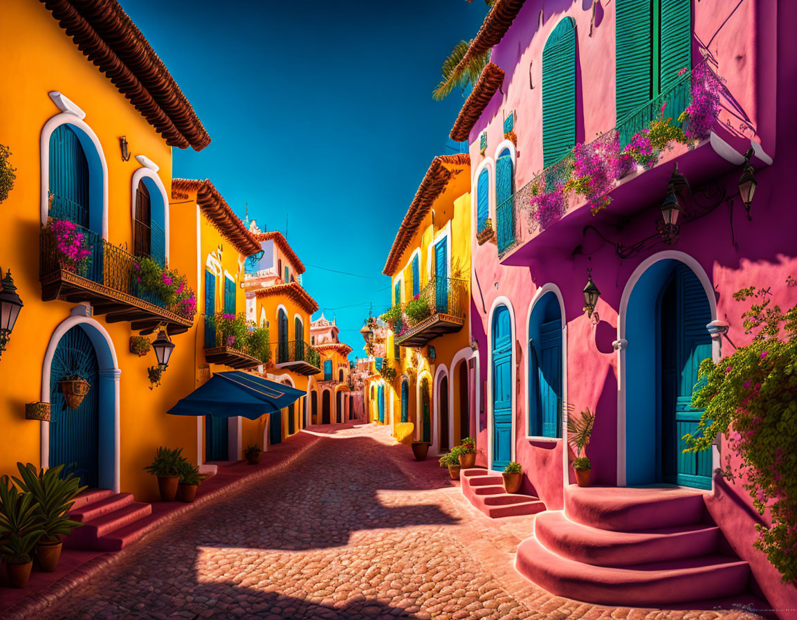 Colorful cobblestone street with vibrant buildings under clear blue sky