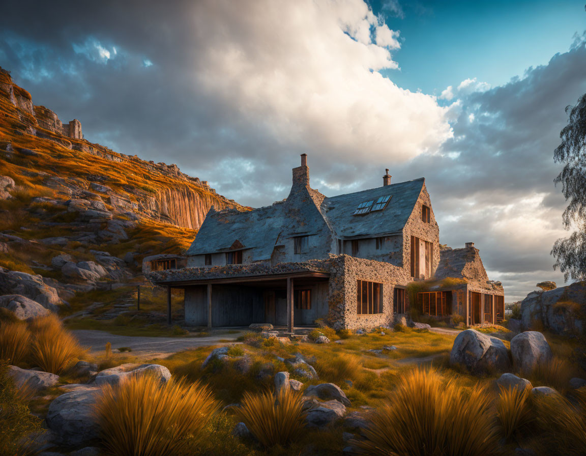 Thatched Roof Stone Cottage in Hilly Landscape at Sunset