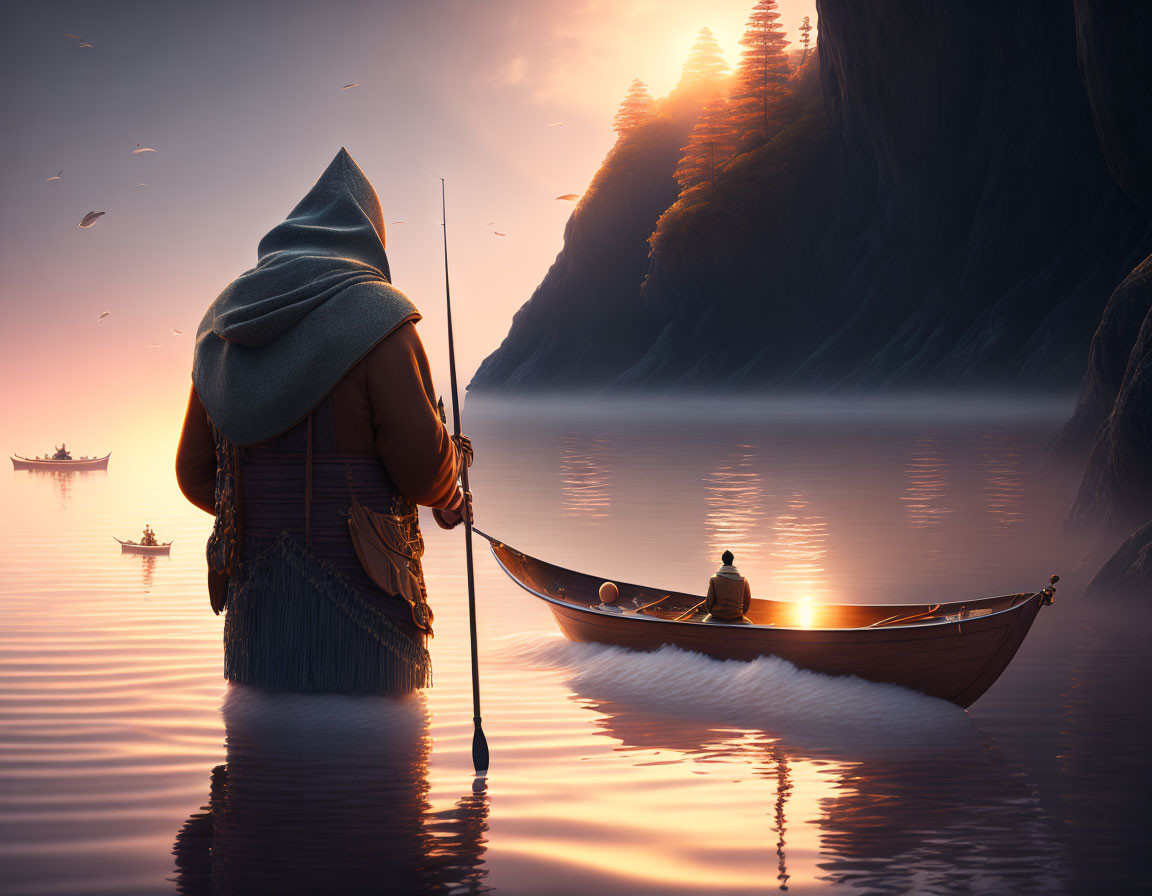 Cloaked figure by canoe on misty lake at sunrise with birds and distant silhouette.