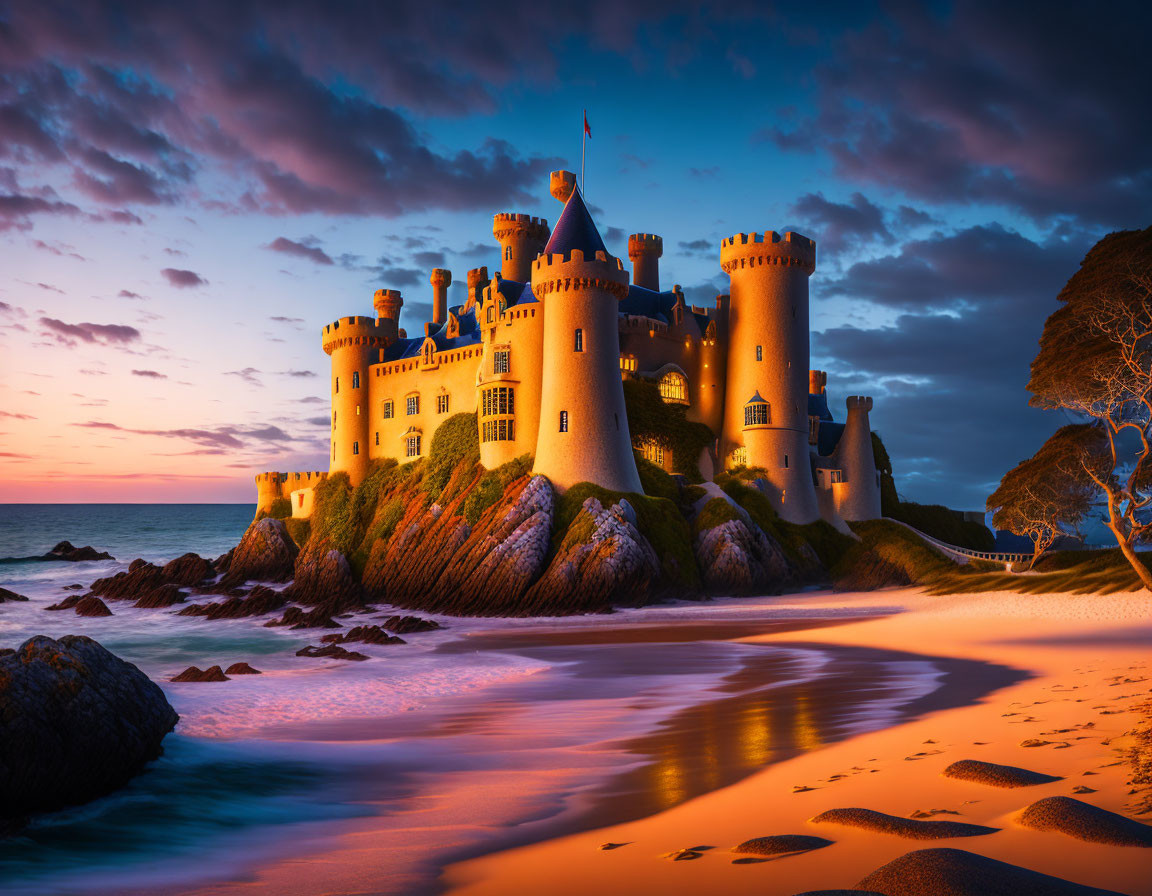 Majestic castle on rugged coastline at sunset