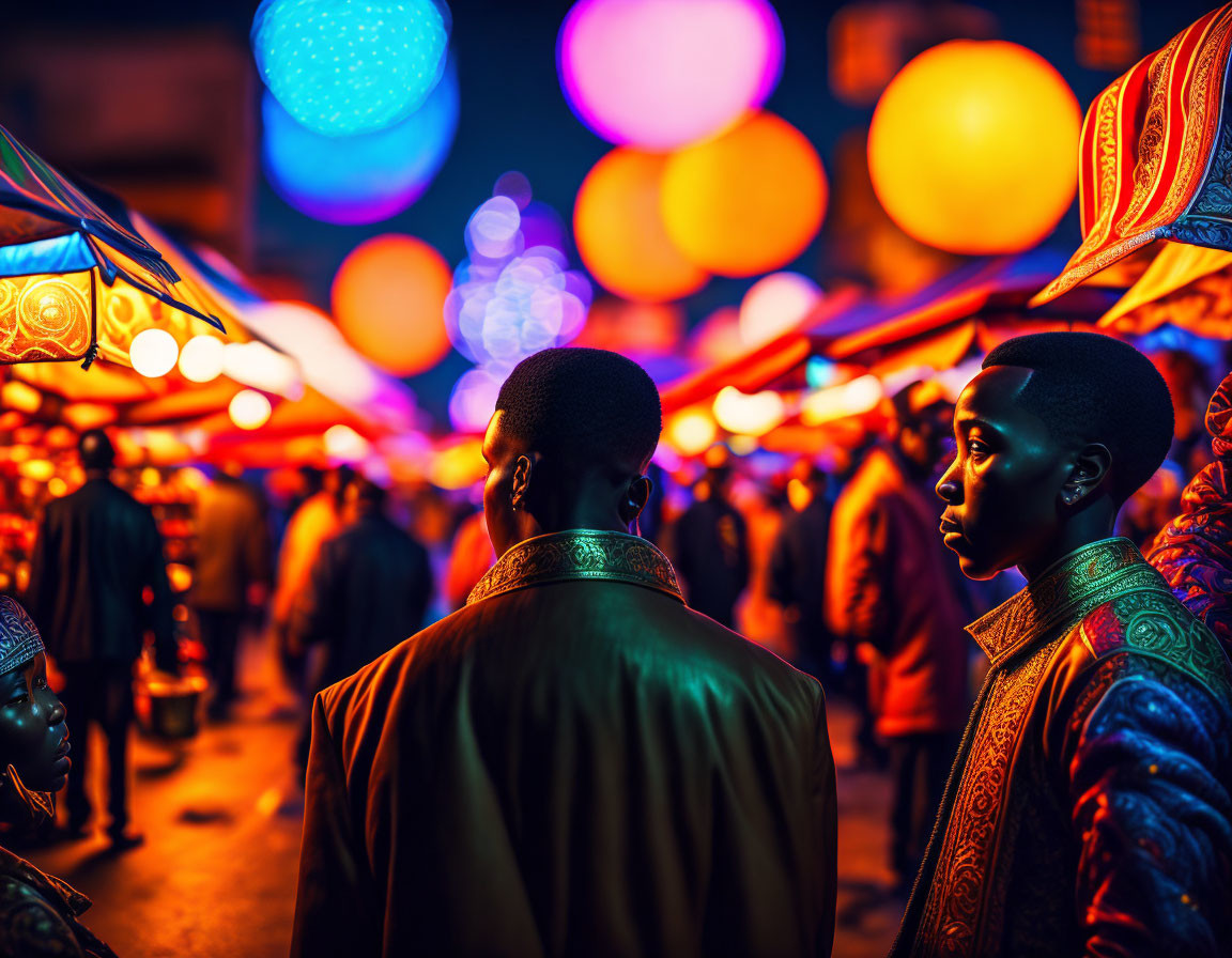 Colorful Traditional Attire in Night Street Scene