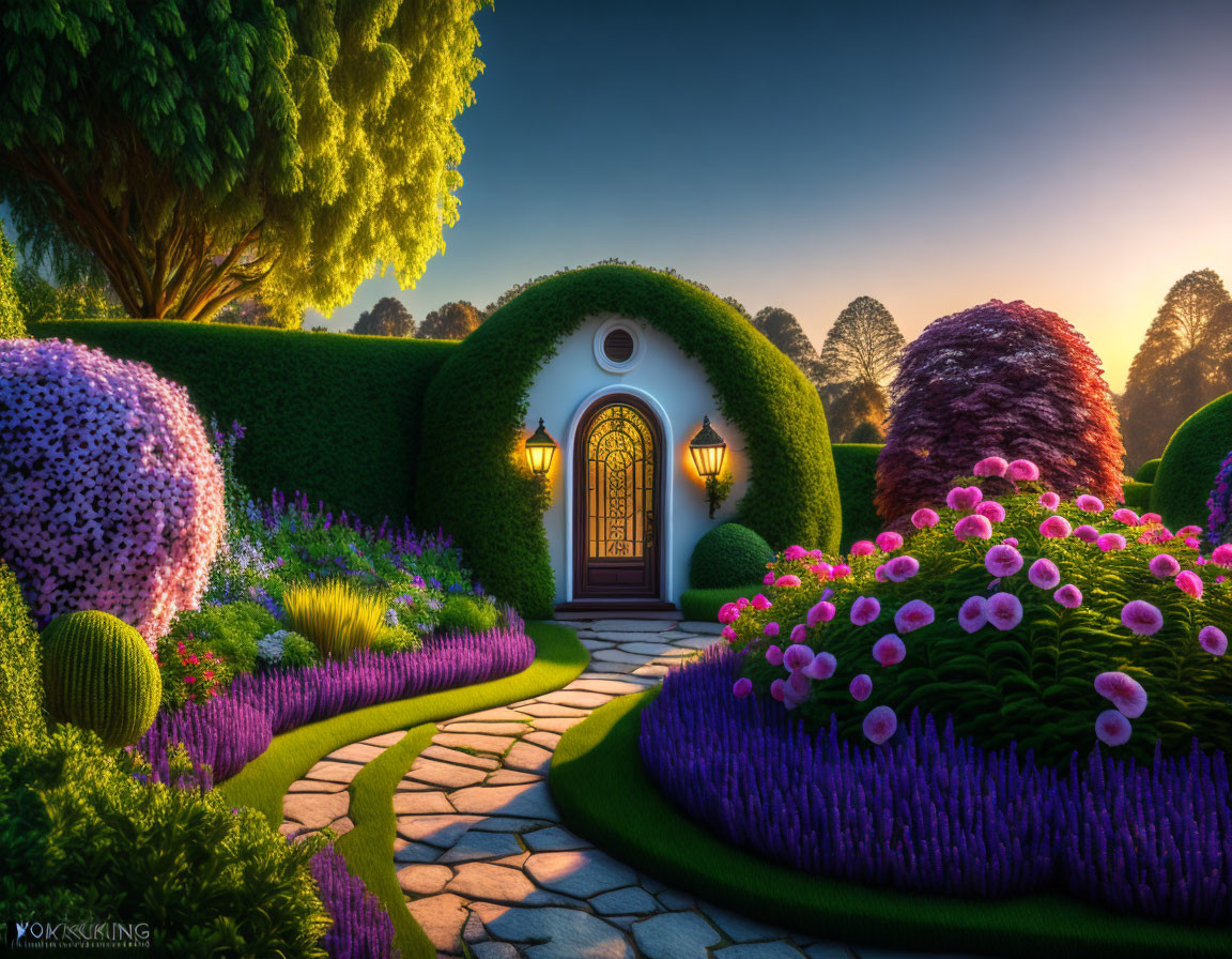 Colorful Garden Pathway Leading to Quaint Door at Sunset