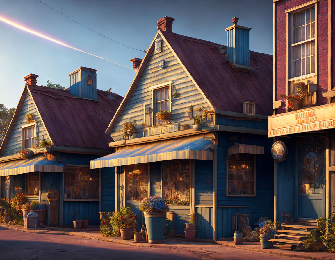 Charming vintage shops in golden hour ambiance