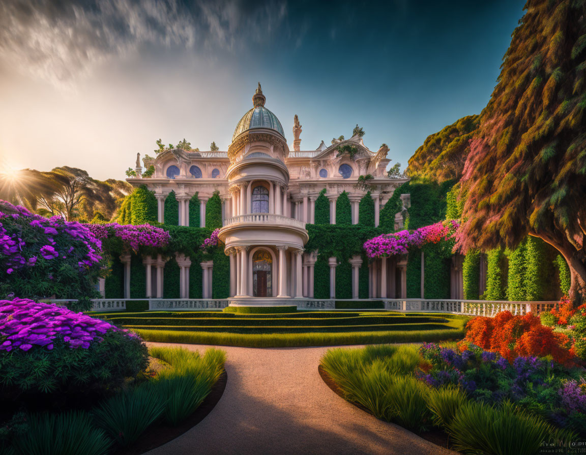 Classical building with dome in lush garden under dramatic sky