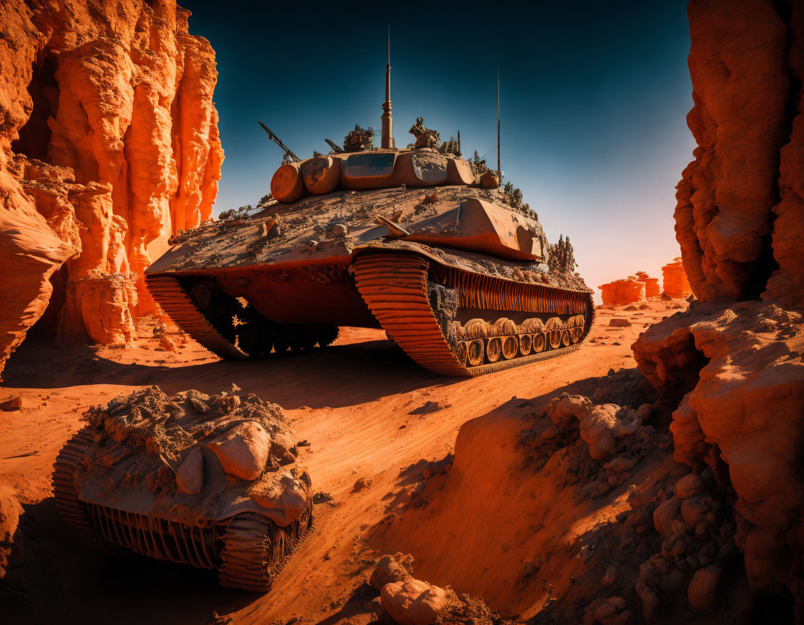 Military tank in desert with eroded rock formations under blue sky