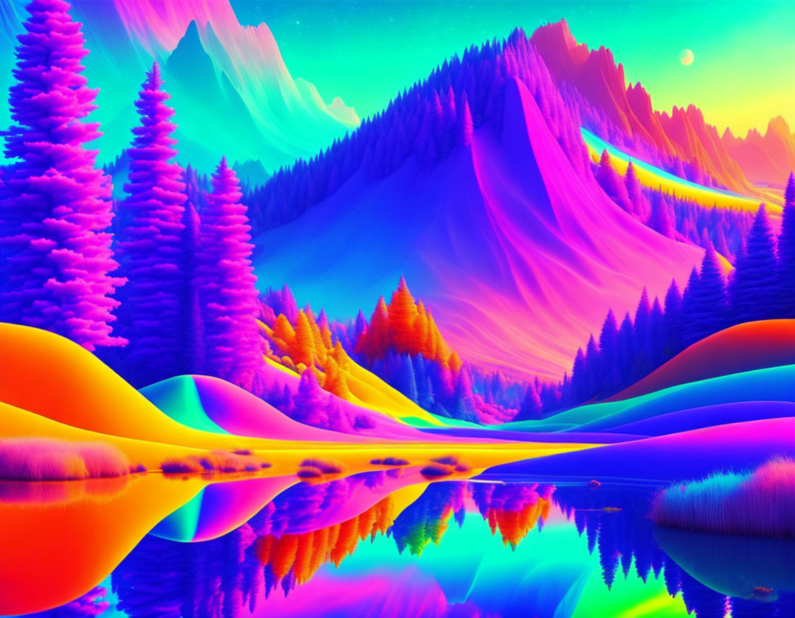 Colorful Surreal Landscape: Neon Trees, Mountains, and Reflective Lake