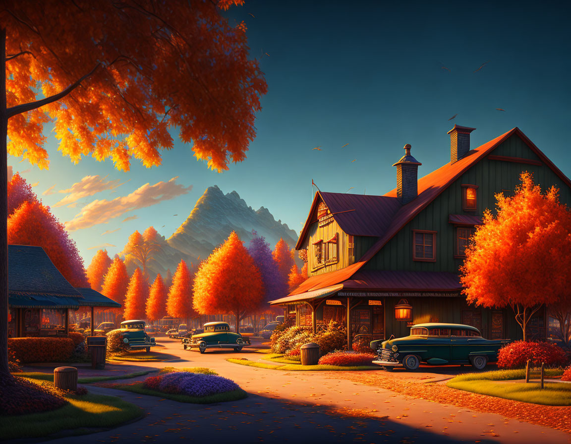 Autumn landscape with vintage cars, house, and mountains at sunset