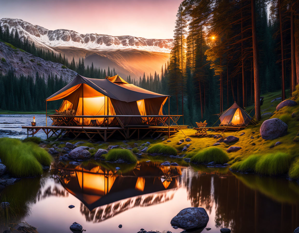 Riverside luxury camping tents with lights, mountains, forest, and campfire at twilight