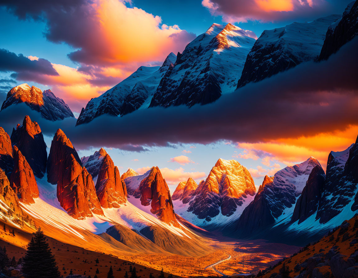 Snow-capped mountains under fiery sunset skies