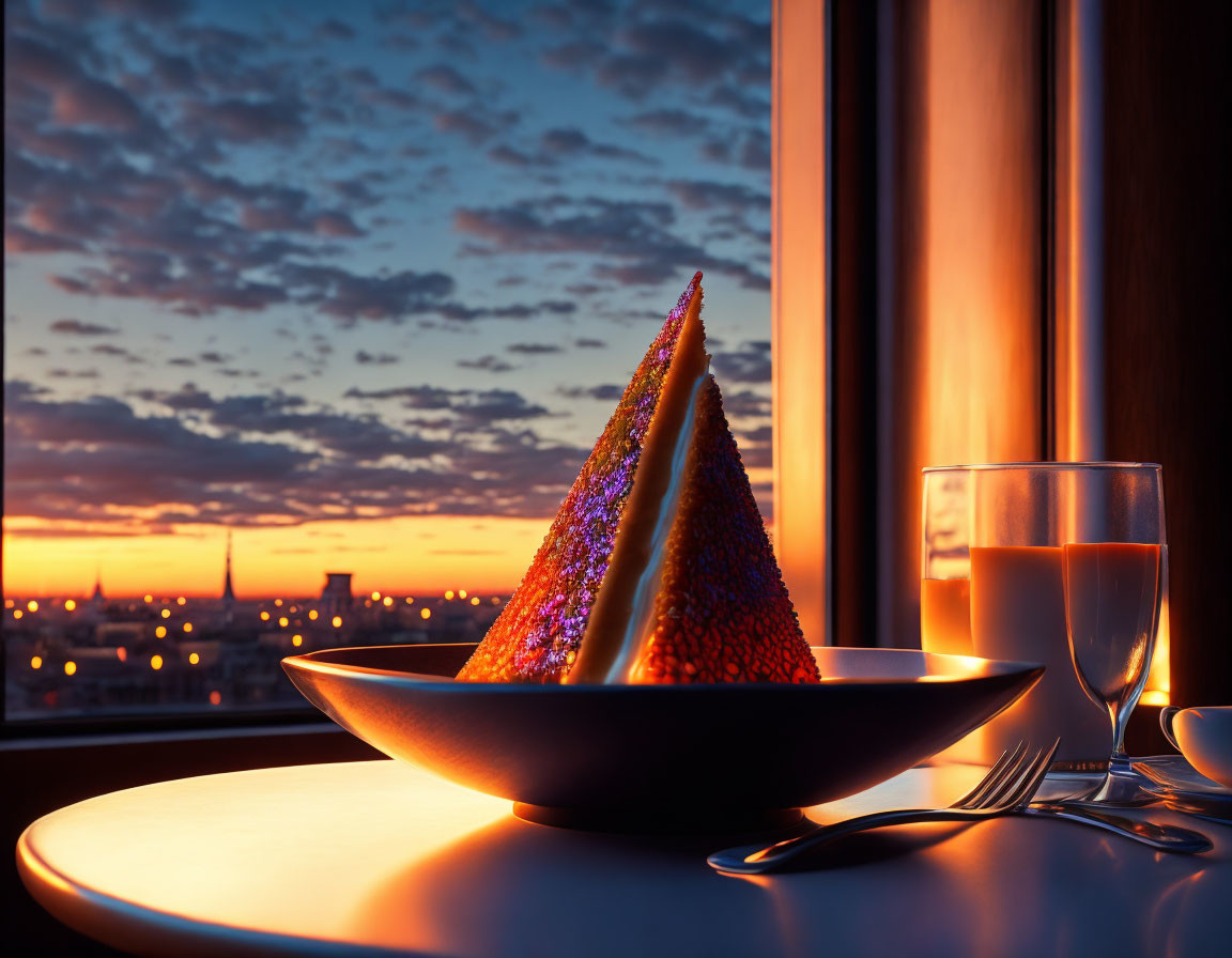 Glittering cone-shaped dessert with cityscape view and juice glass