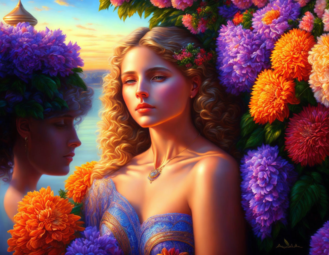 Two women in blue and floral attire among vibrant sunset flowers