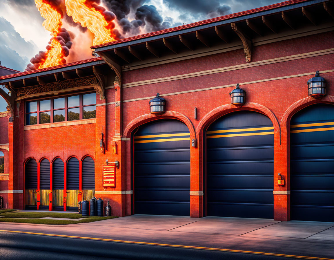 Fire station engulfed in flames under cloudy sky: dramatic image of emergency.