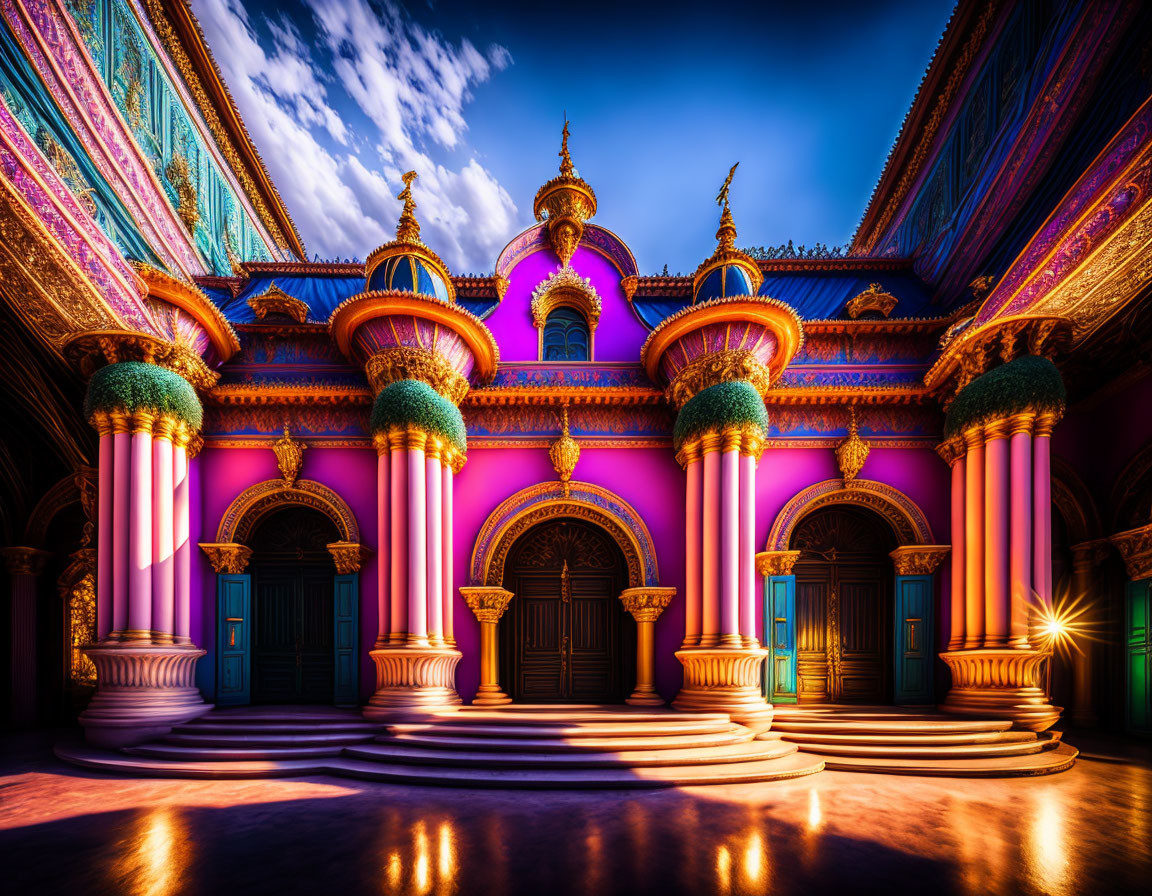 Ornate architecture with blue and pink hues illuminated by floor lights