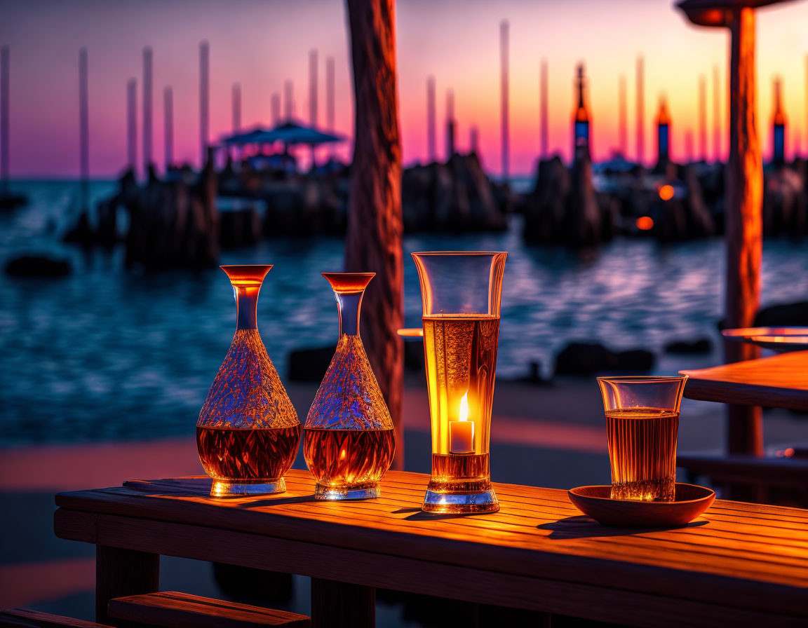 Glass Decanters and Glass on Wooden Table with Sunset Beach Background