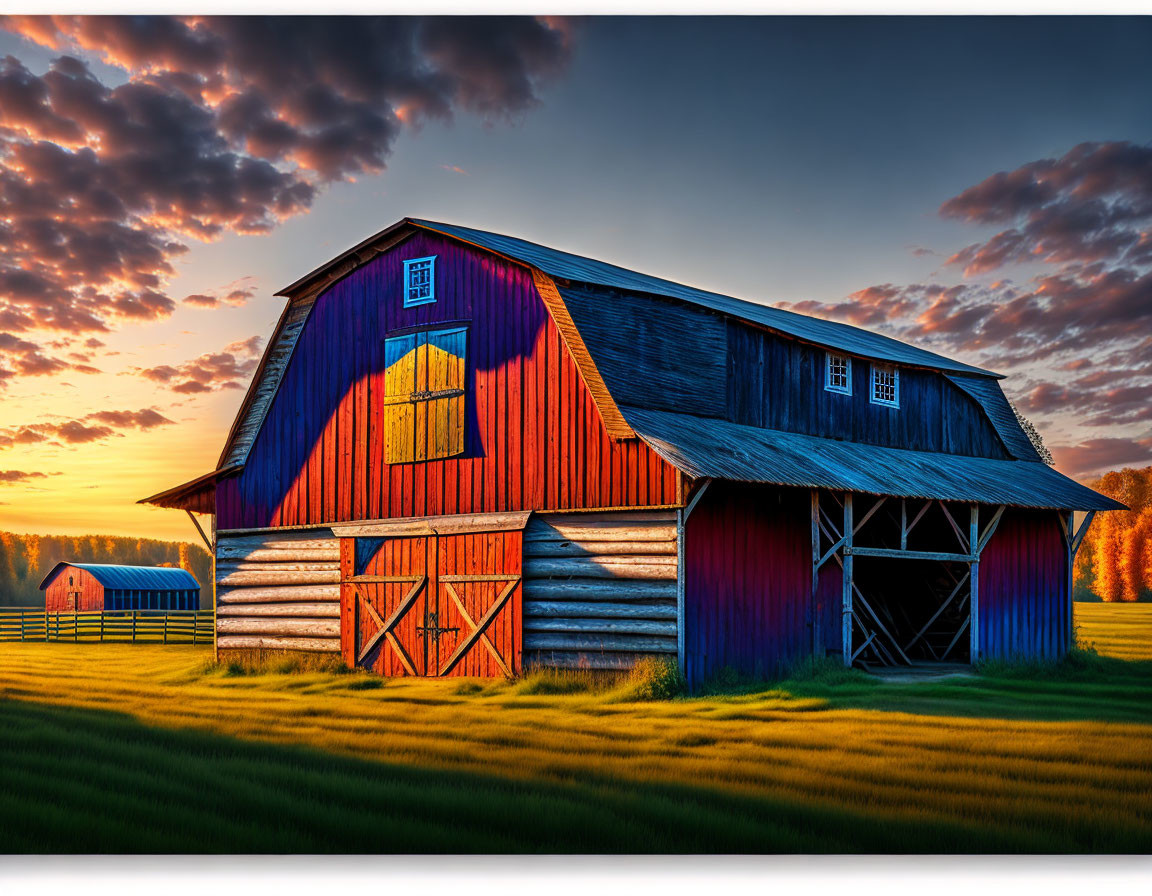 Colorful barn under dramatic sky at sunrise or sunset