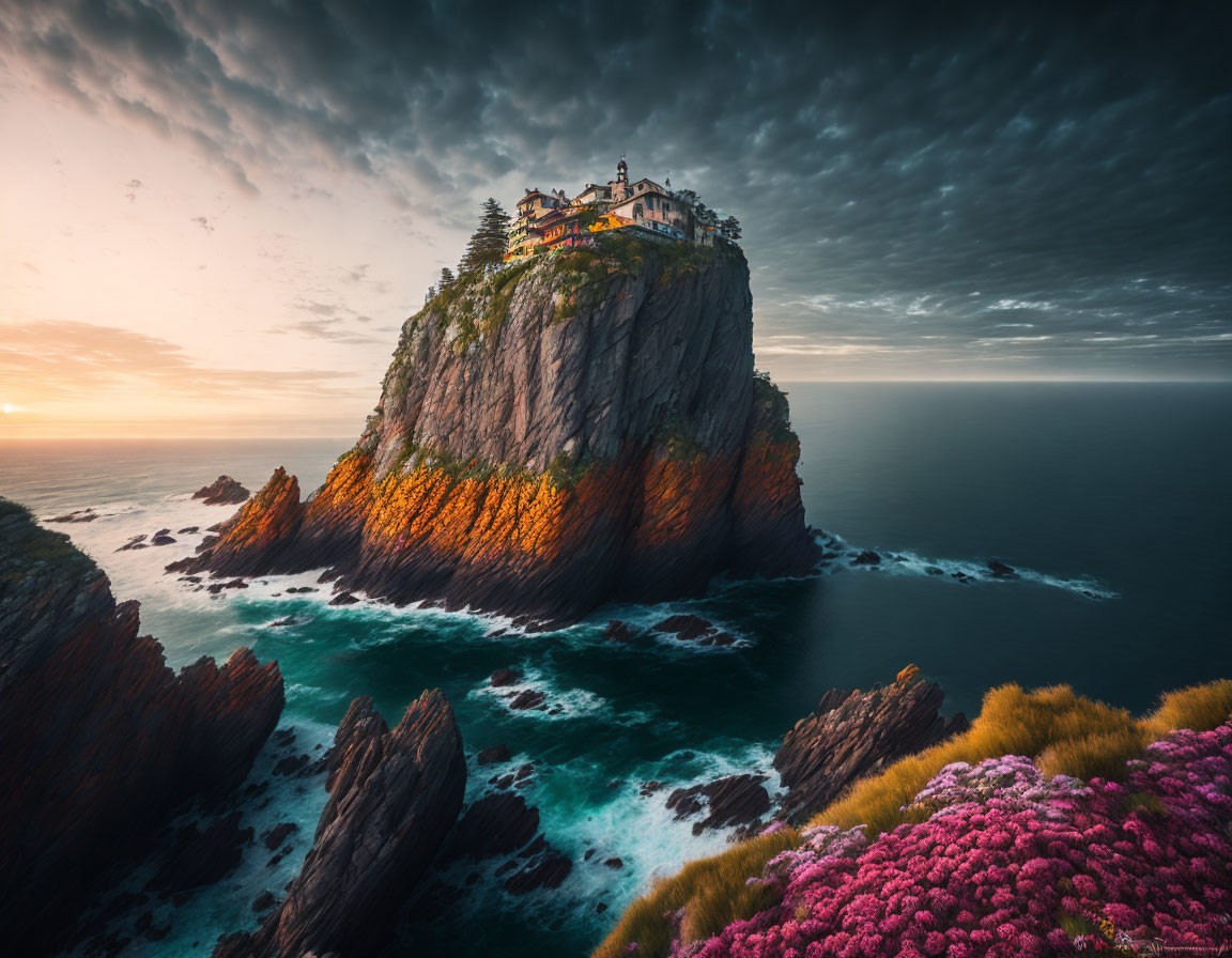 House on Cliff Overlooking Stormy Sea at Sunset