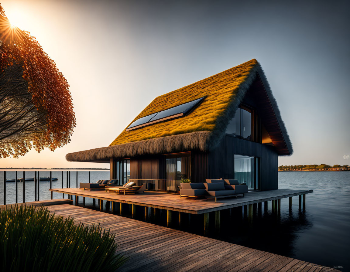 Thatched Roof Modern House by Water at Sunset