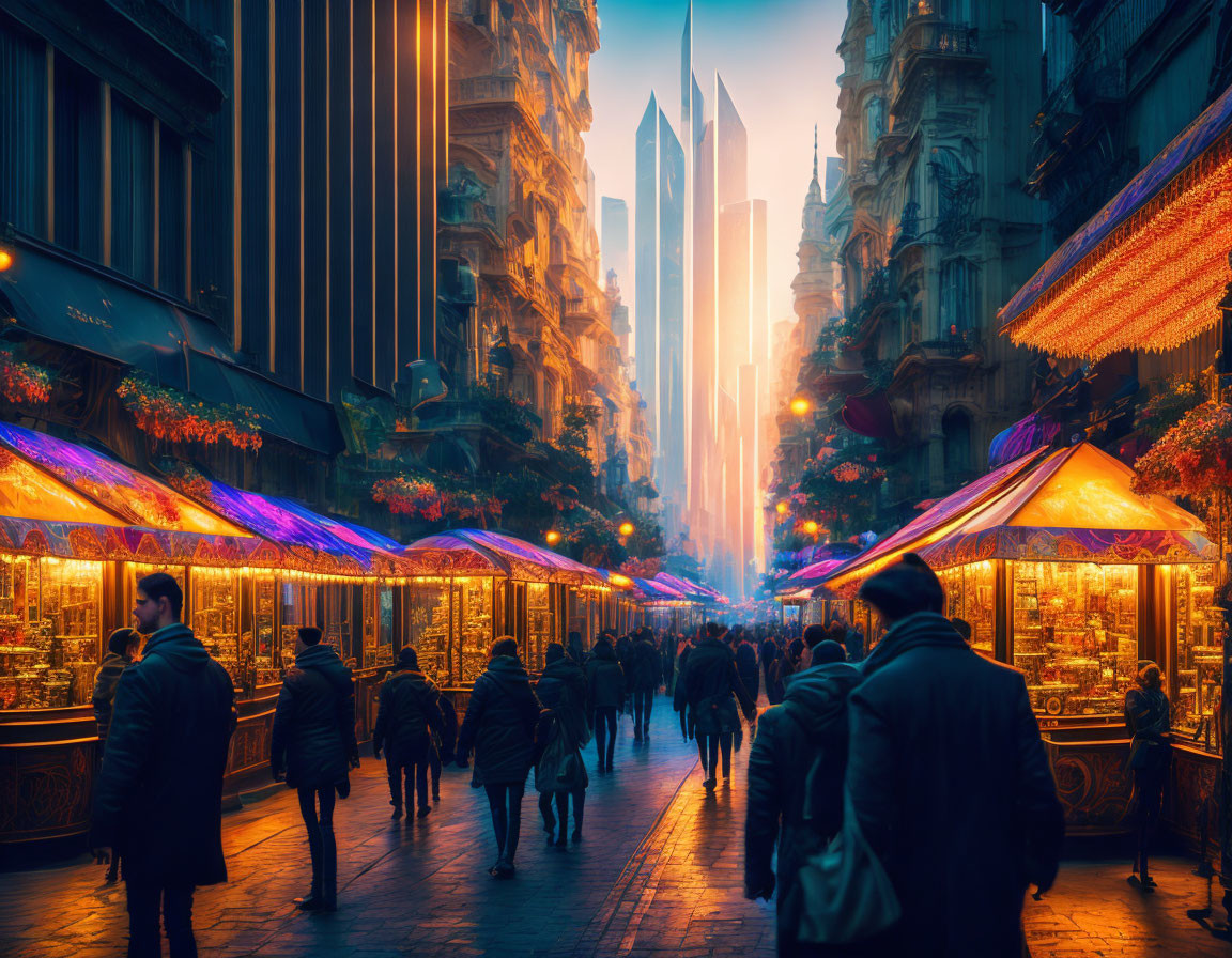 City street at twilight: illuminated shopfronts, winter-clad pedestrians, futuristic skyscrapers.