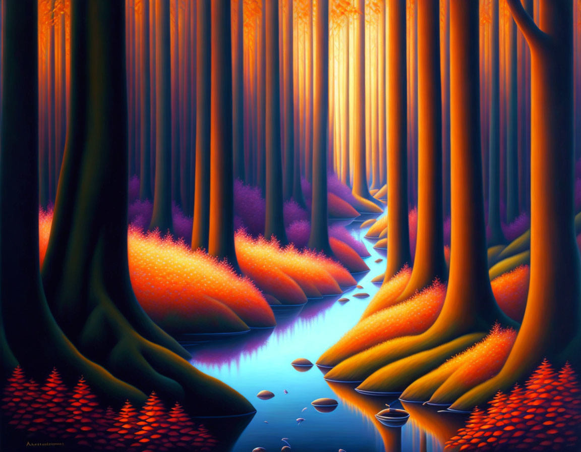 Surreal forest with tall trees, blue river, orange-purple ground