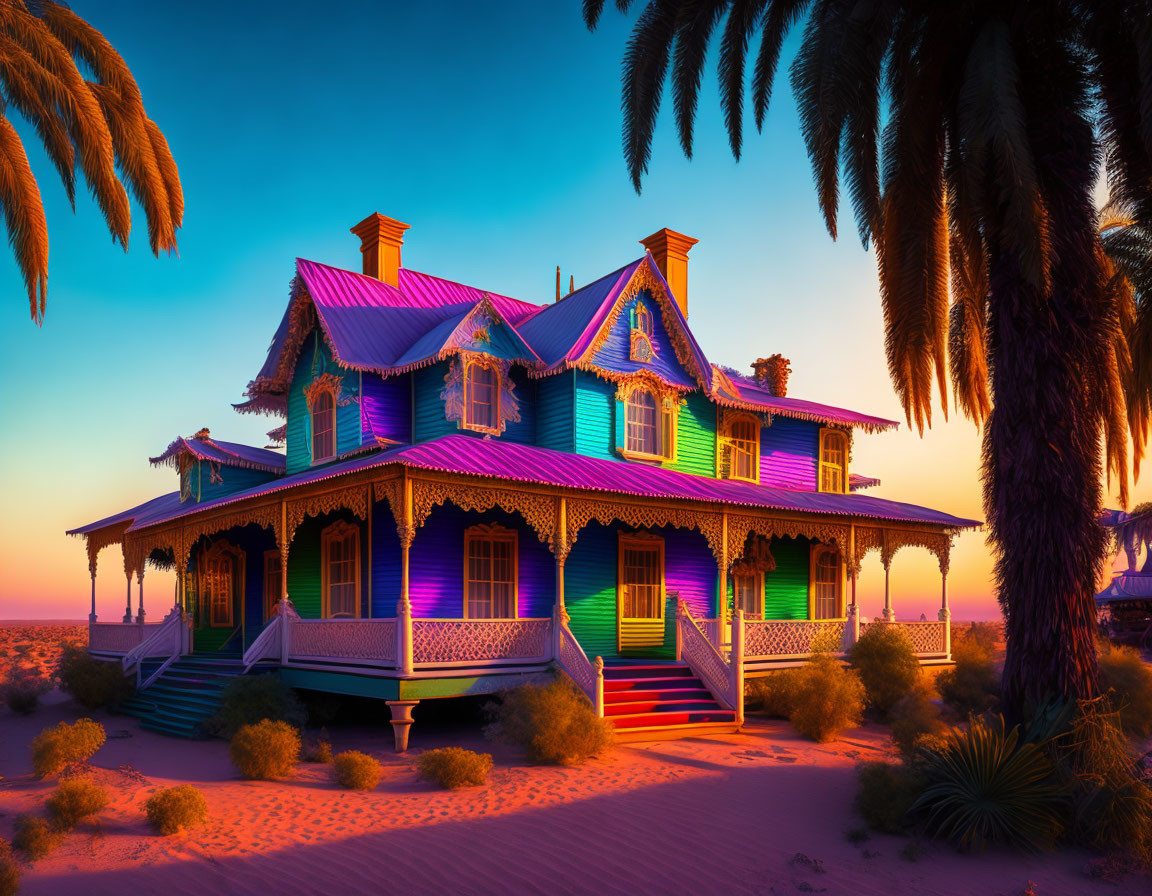 Victorian-style house with blue and purple lighting in desert twilight.