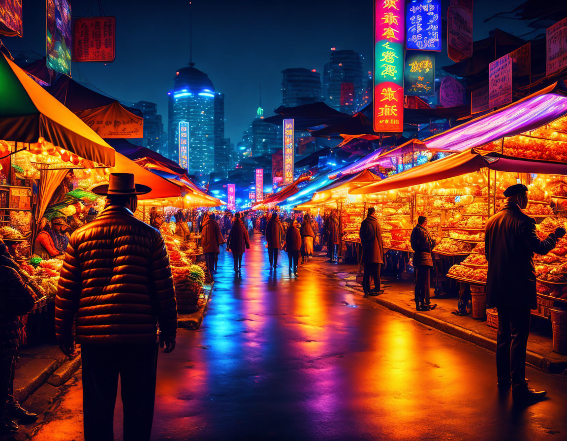 Colorful Night Market with Neon Signs and City Skyline