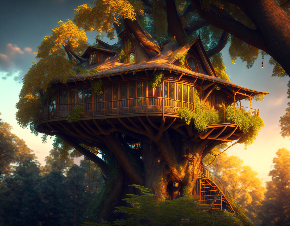 Wooden treehouse in lush foliage at sunset: a whimsical and tranquil scene