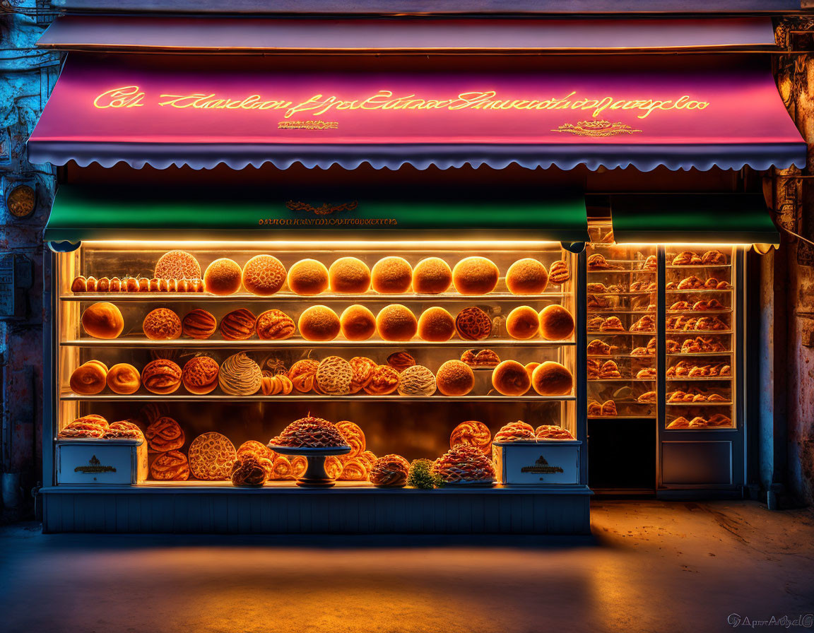 Night bakery display with illuminated shelves featuring various bread types under non-English sign, creating cozy ambiance