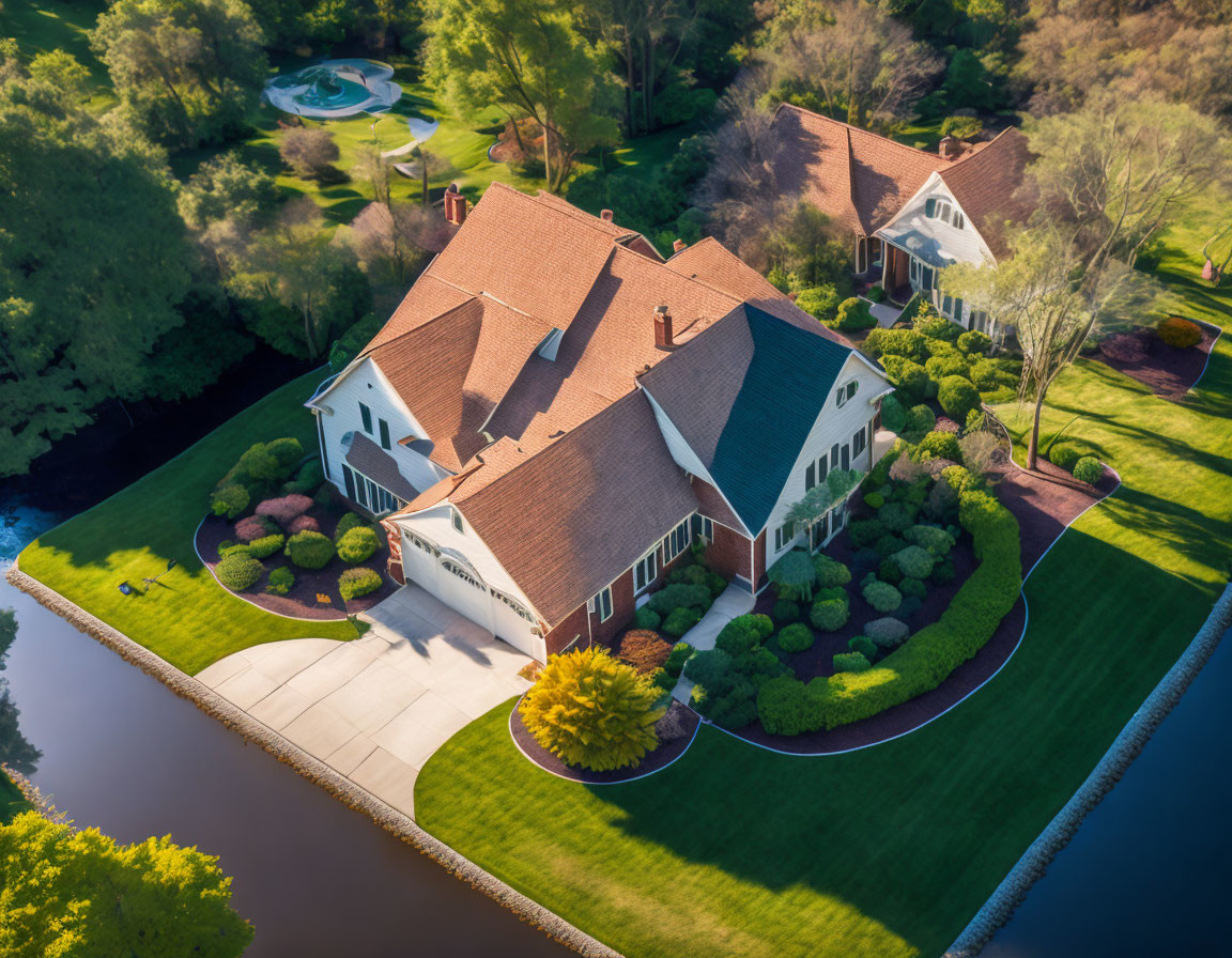 Large suburban home with red roof, gardens, trees, pond, and pool