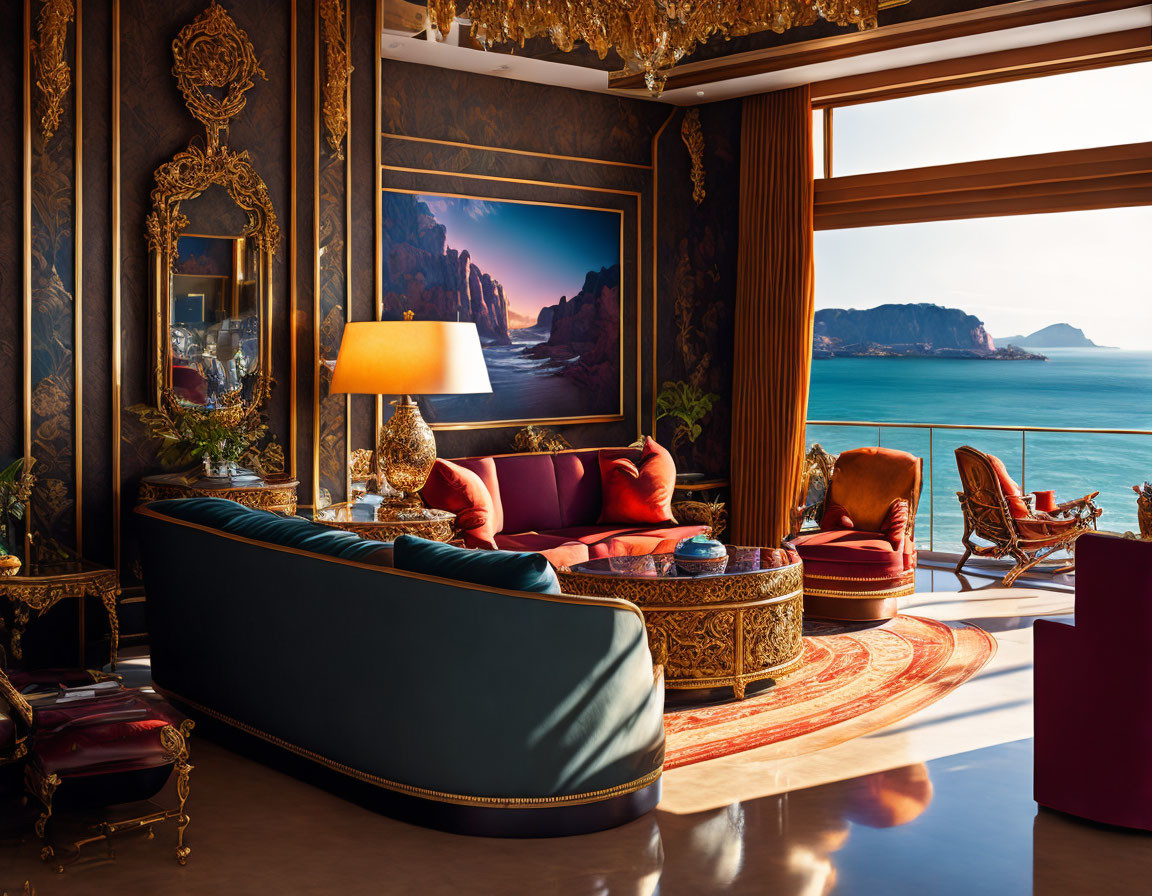 Elegant Room with Velvet Sofa, Ornate Frames, Landscape Painting, and Seaside View