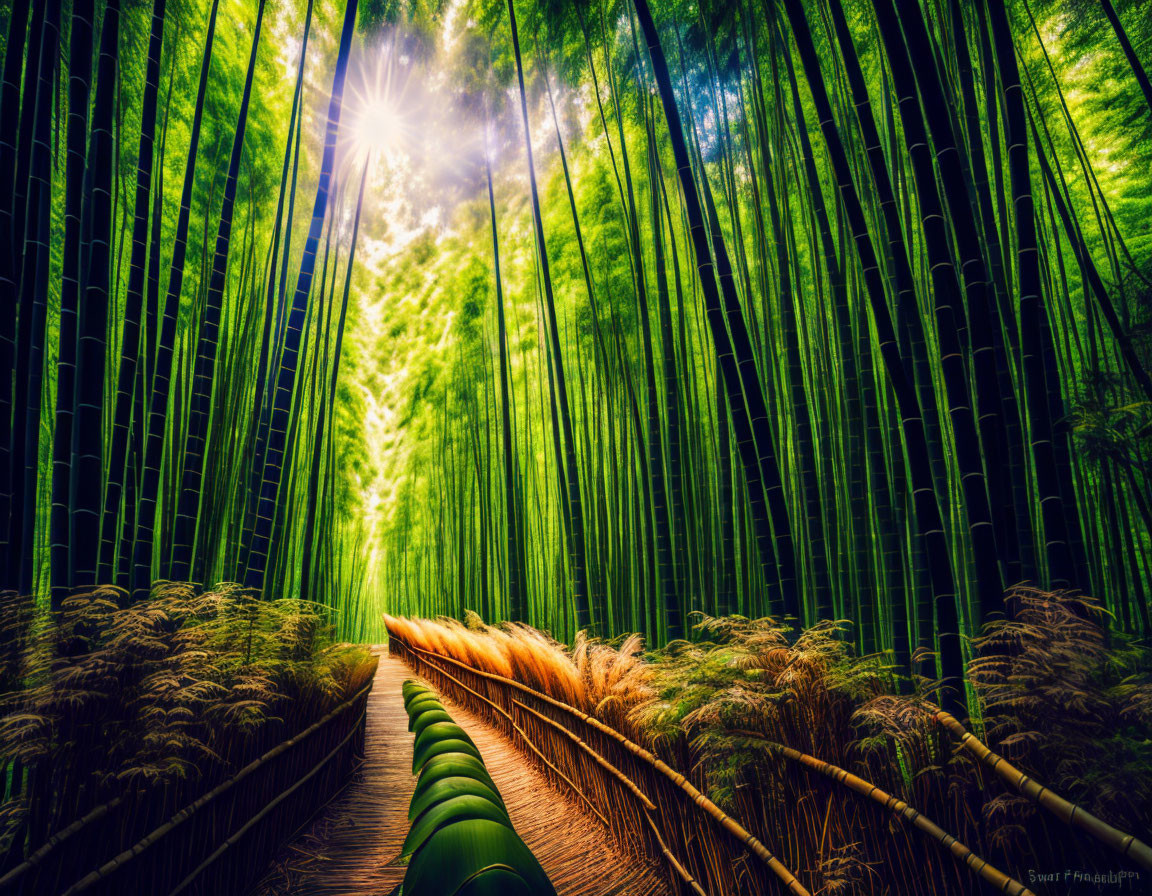 Tranquil Sunlit Bamboo Forest Pathway