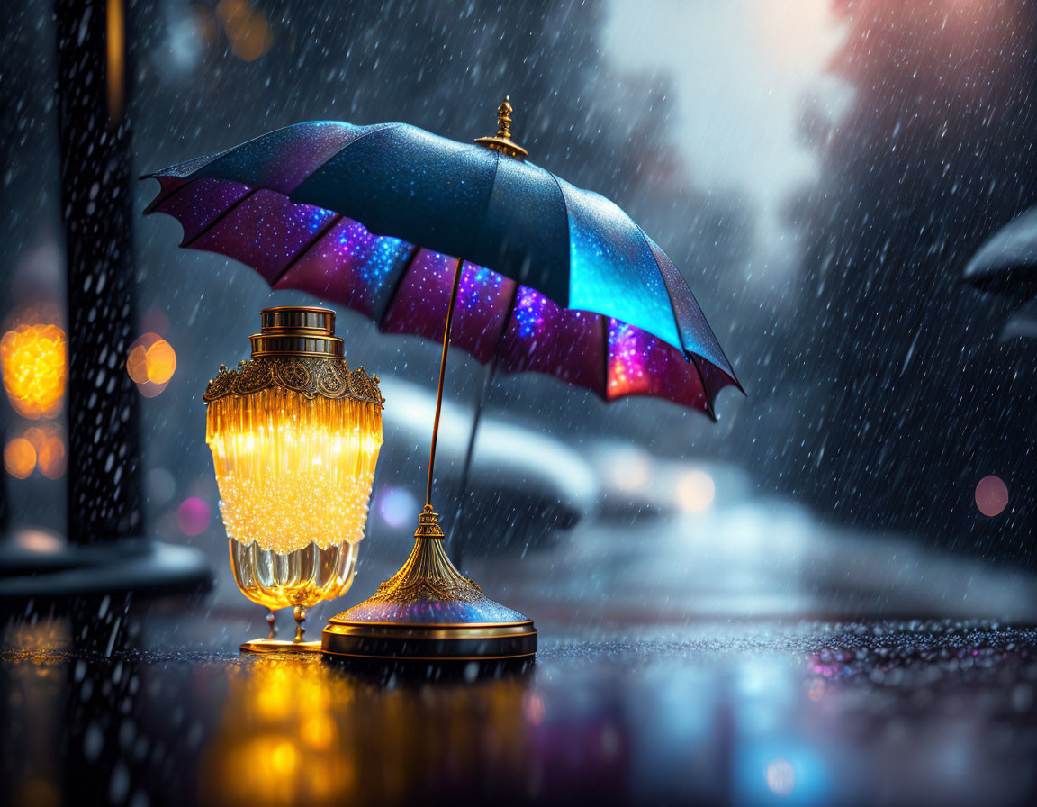 Colorful umbrella and decorative lamp on rain-slicked surface with glowing raindrops, set against city