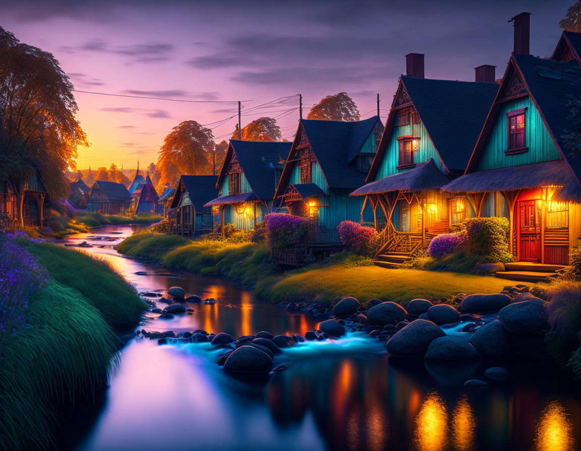 Tranquil village at twilight with cozy illuminated houses