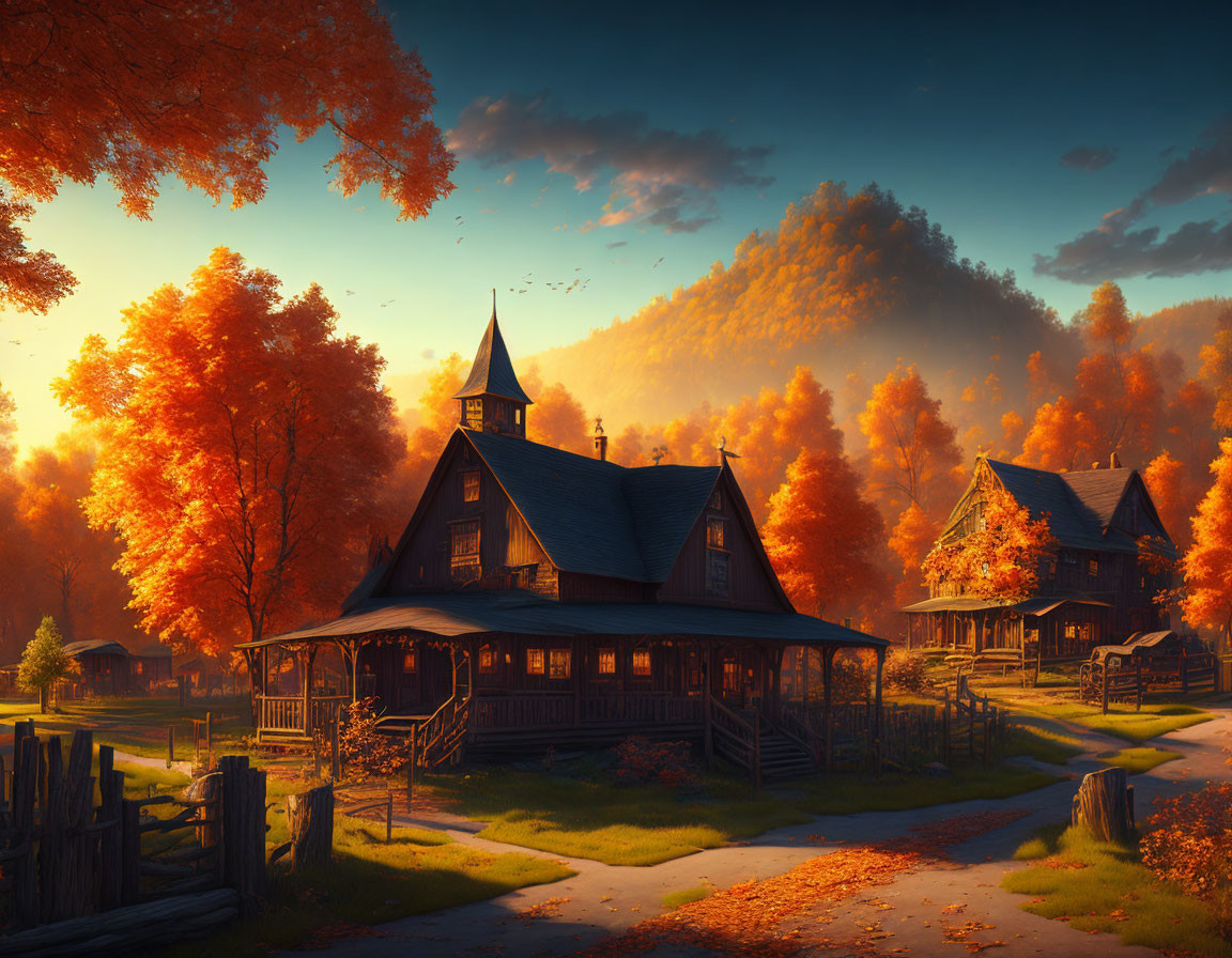 Rustic autumn village with vibrant foliage & wooden houses