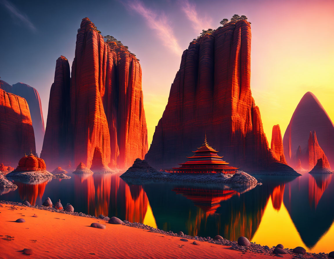 Majestic red rock formations at sunset reflected in tranquil lake