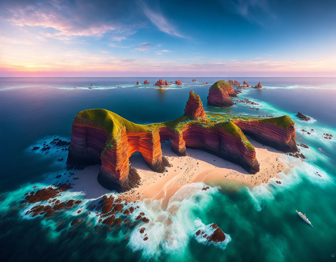 Scenic coastal landscape with unique rock formations and turquoise waves at sunset