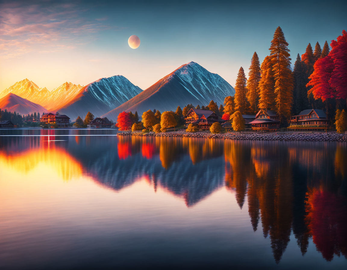 Tranquil autumn lake with snow-capped mountains & crescent moon