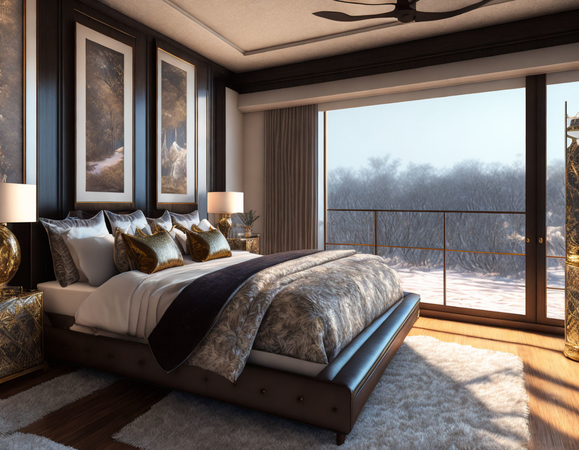 Luxurious Bedroom with Large Bed, Elegant Bedding, Artworks, Ceiling Fan, and Panor