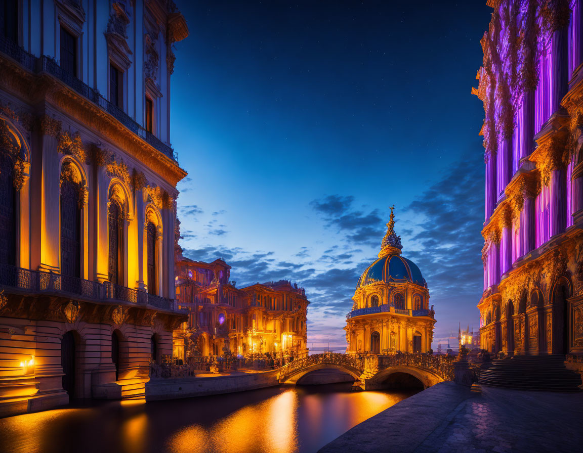 European cityscape at twilight with ornate buildings, bridge, river, and starry sky