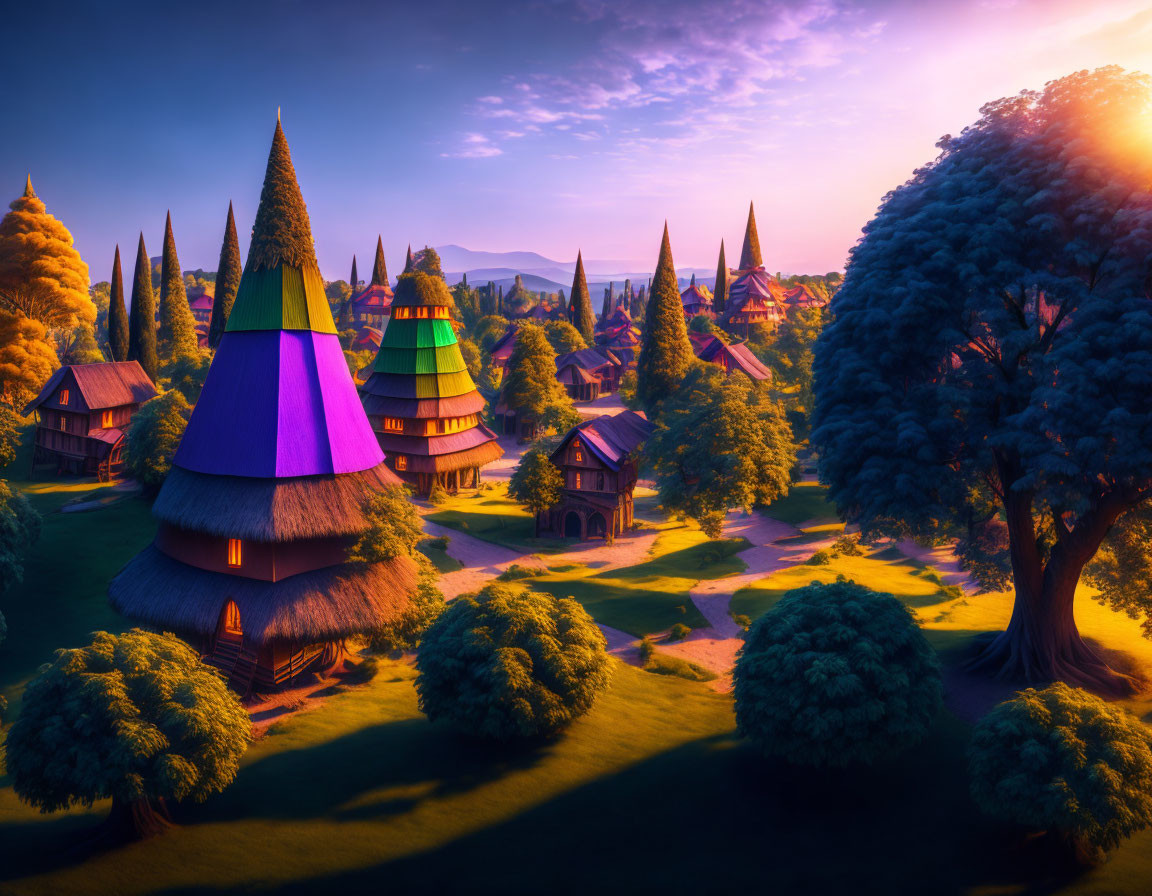 Colorful Cone-Roofed Houses in Whimsical Village at Sunset