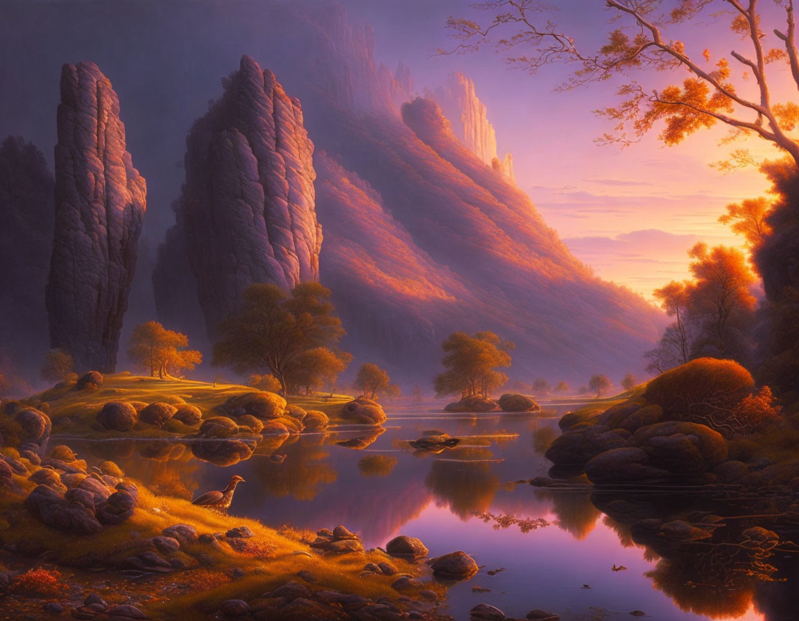 Twilight fantasy landscape with cliffs, river, trees, rocks, and bird in golden light