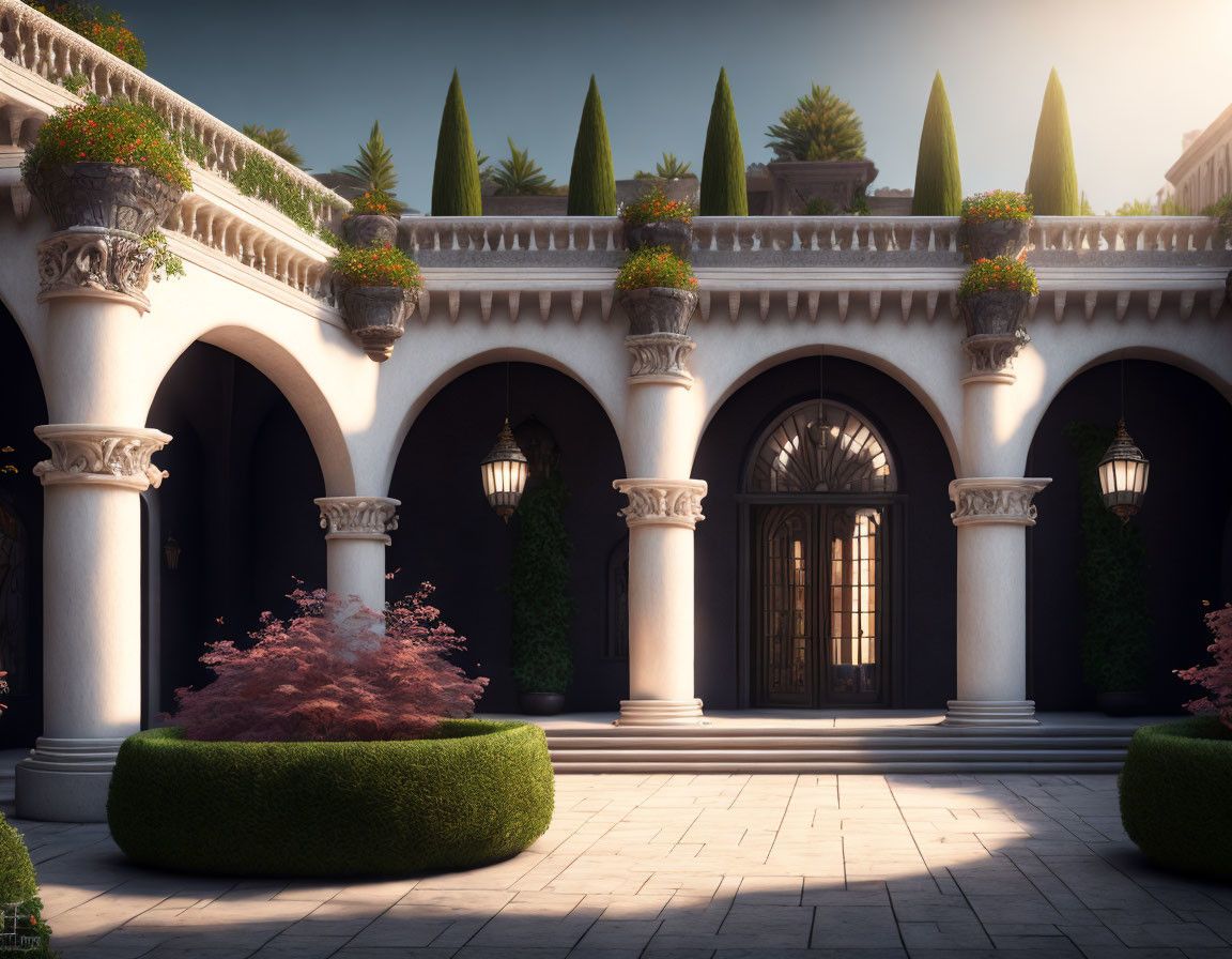 Tranquil courtyard with arched walkways and topiary plants at dusk