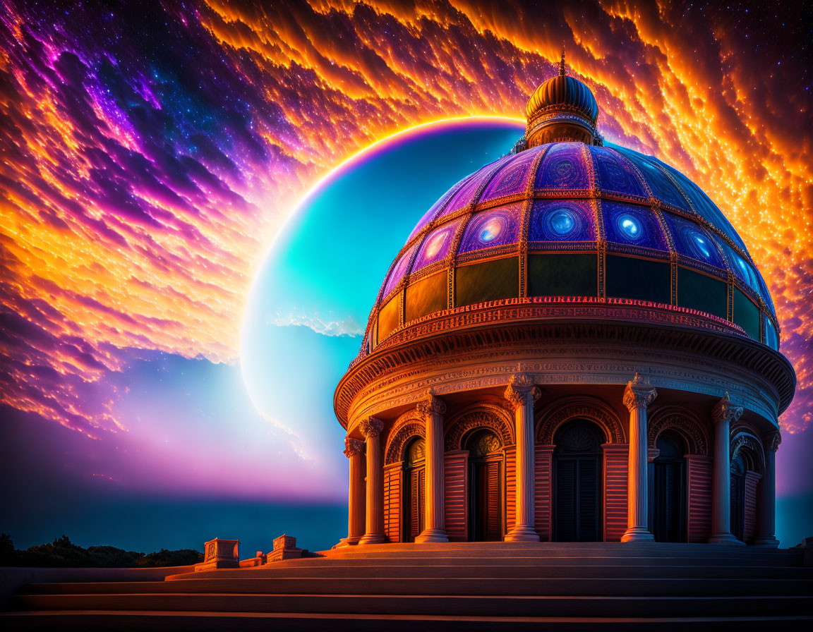 Neoclassical dome in surreal cosmic sky.