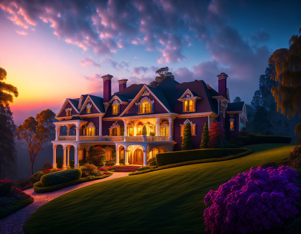 Twilight scene of elegant mansion with glowing lights and purple flowers