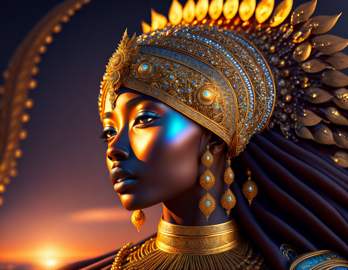 Elaborately adorned woman in golden headdress against sunset.